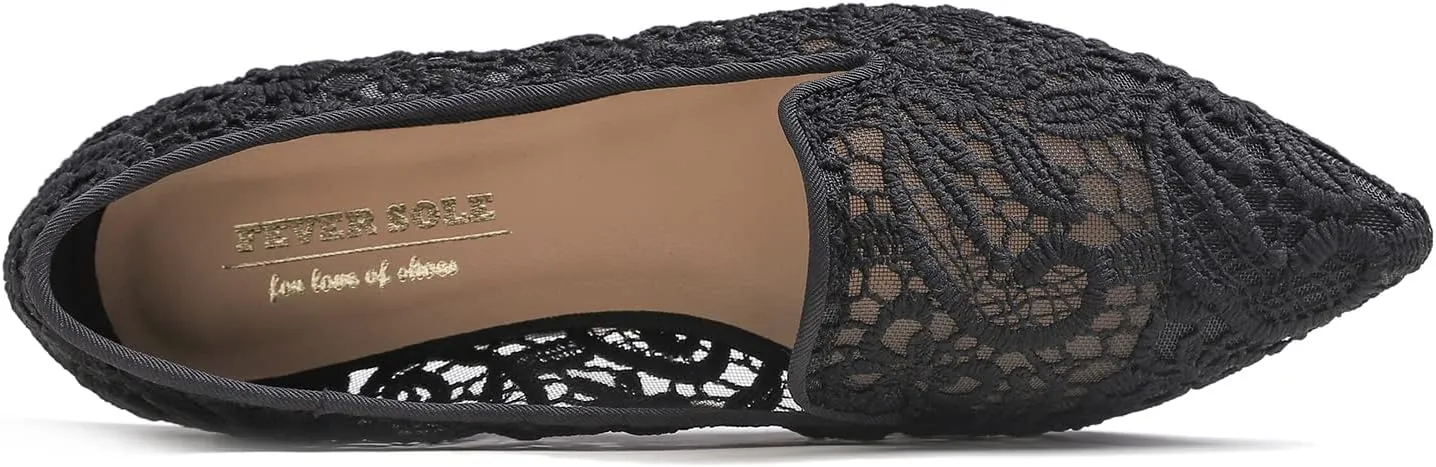 FEVERSOLE Round Toe Lace Ballet Crochet Flats Women's Comfy Breathable Shoes