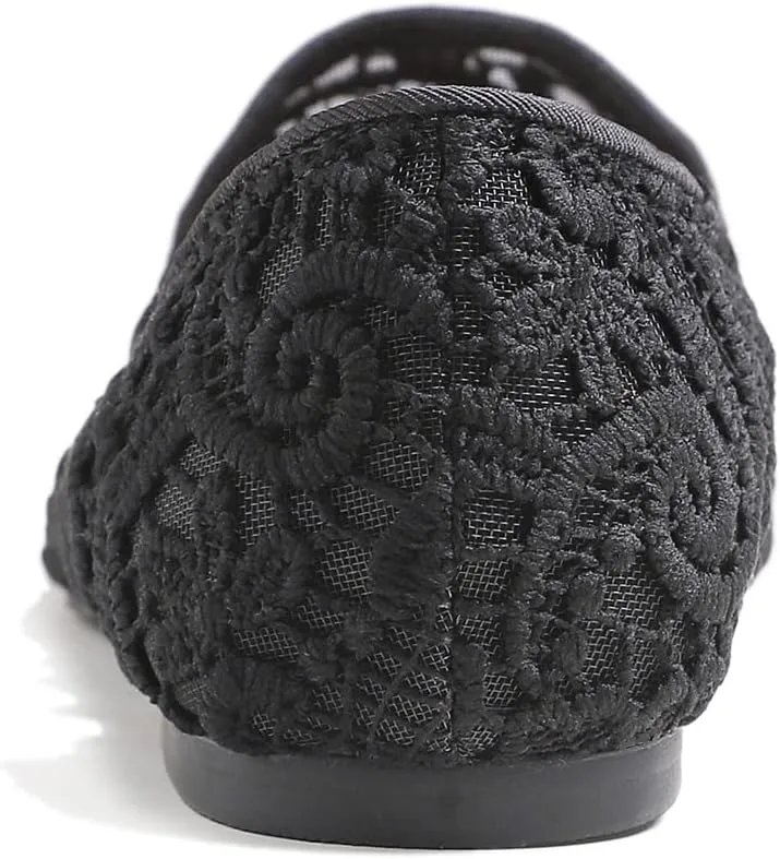 FEVERSOLE Round Toe Lace Ballet Crochet Flats Women's Comfy Breathable Shoes