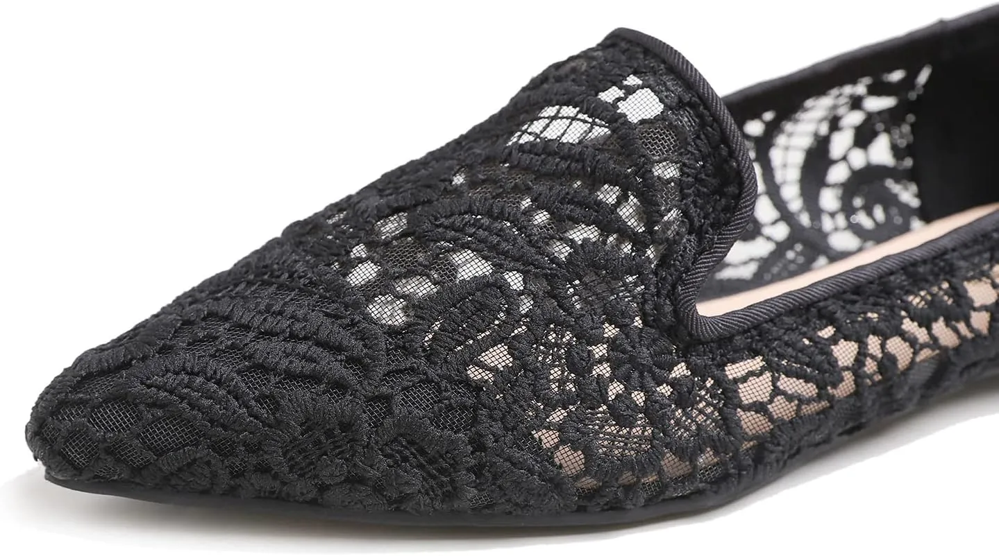 FEVERSOLE Round Toe Lace Ballet Crochet Flats Women's Comfy Breathable Shoes