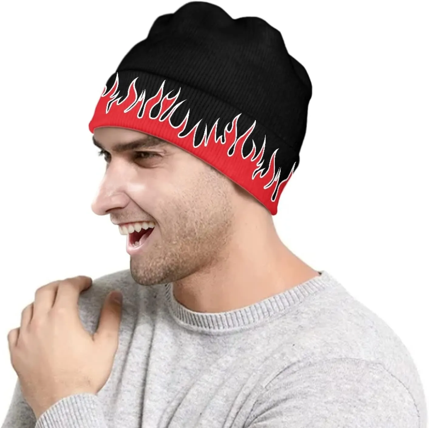 Fire Flame Beanie Hats for Men Women Soft Warm Graphic Beanie Novelty Funny Cuffed Skull Caps Winter Hat