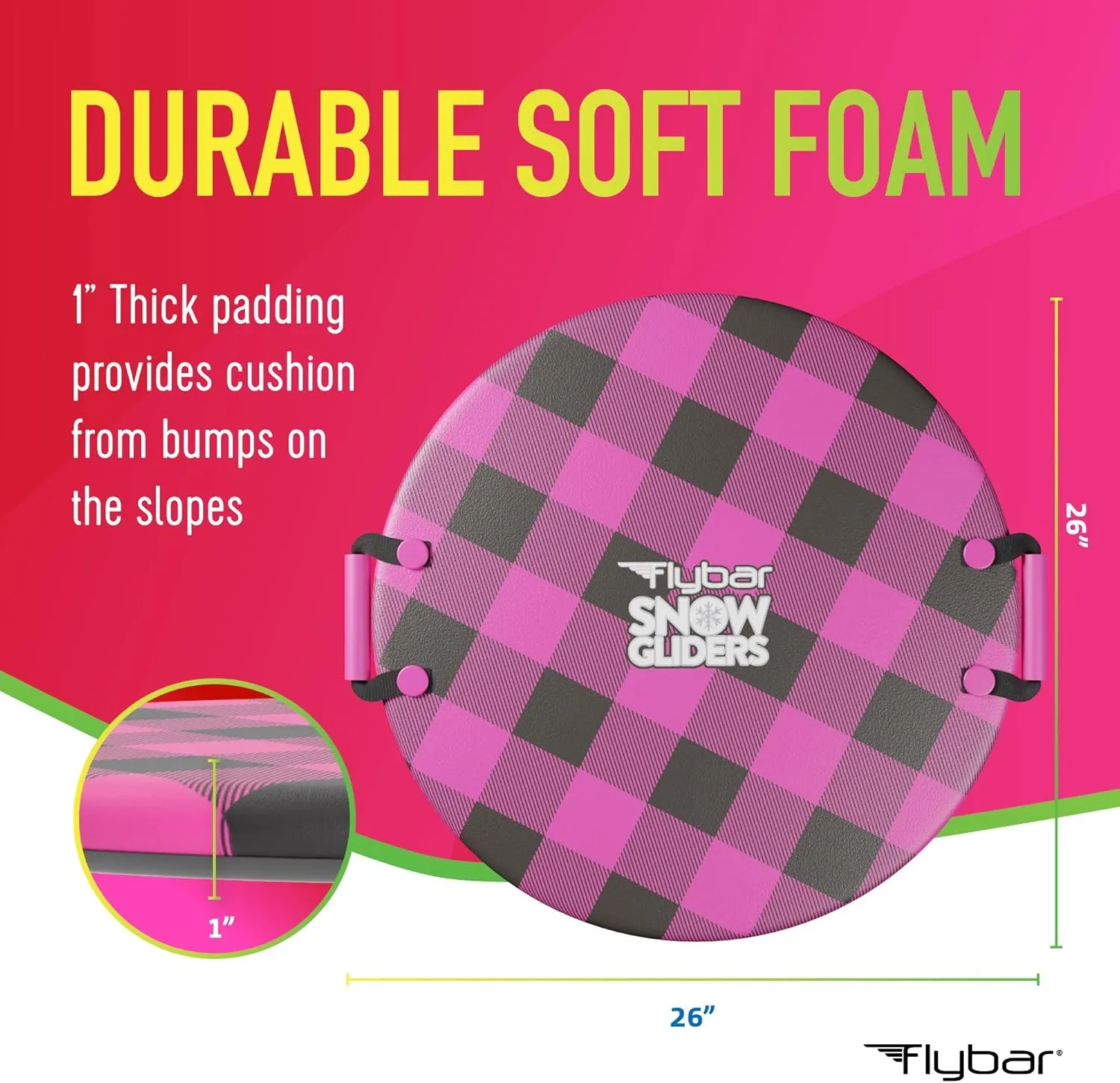 Flybar Snow Sled for Kids and Toddlers- Foam Saucer Disc, Ages 6 , Easy Grip Handles, Durable with Slick Bottom & PE Core Build, Lightweight Snow Boards, Snowboard Toys for Outdoor, Up to 110 lbs, 26"