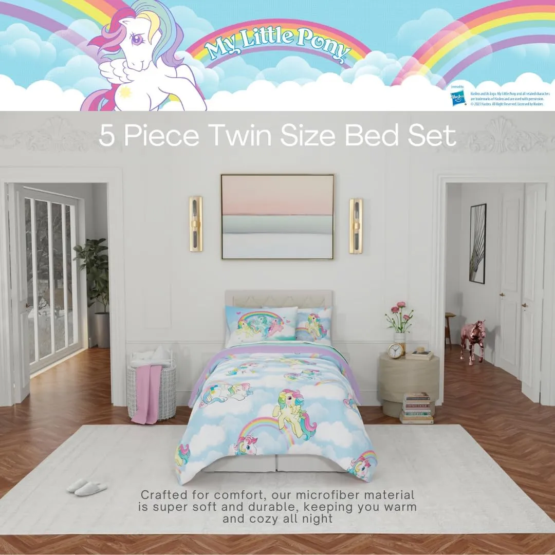 Franco Collectibles My Little Pony Classic Retro Rainbow Bedding 5 Piece Super Soft Comforter and Sheet Set with Sham, Twin, (100% Official Licensed Product)