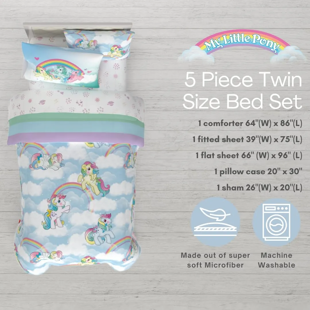 Franco Collectibles My Little Pony Classic Retro Rainbow Bedding 5 Piece Super Soft Comforter and Sheet Set with Sham, Twin, (100% Official Licensed Product)
