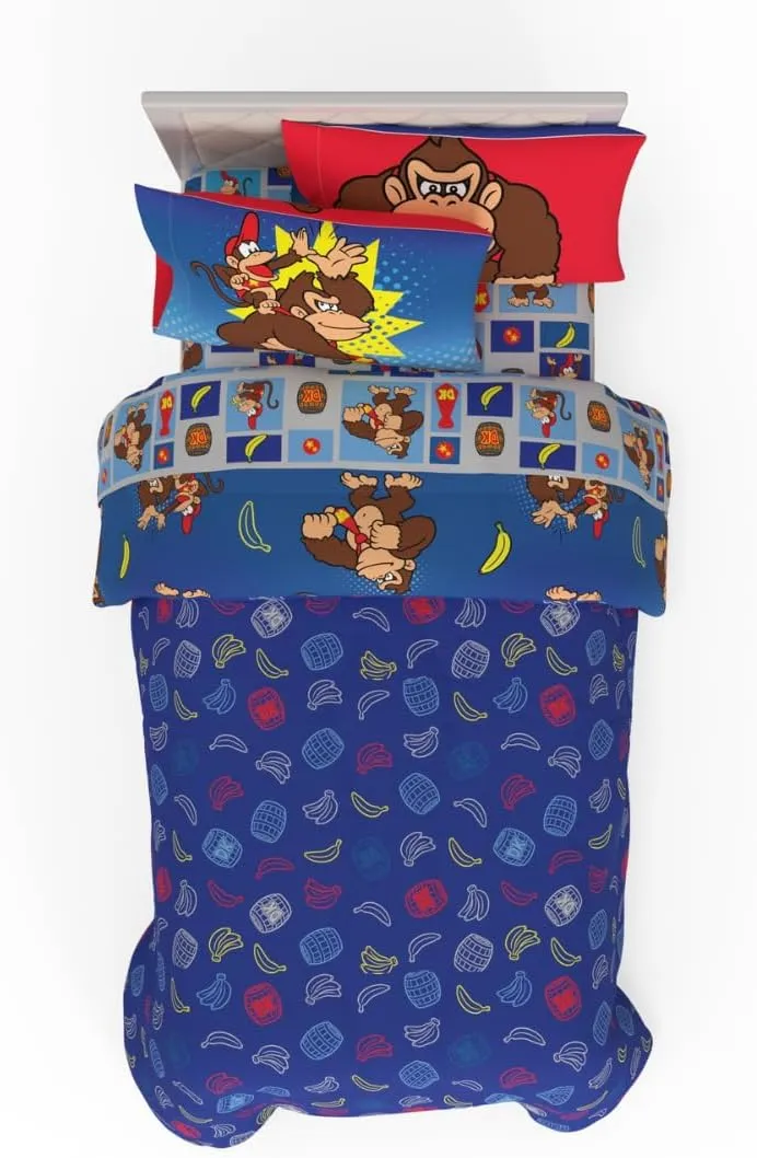Franco Collectibles Nintendo Donkey Kong Gaming Bedding 5 Piece Super Soft Reversible Comforter and Sheet Set with Sham, Twin, (Officially Licensed Product)