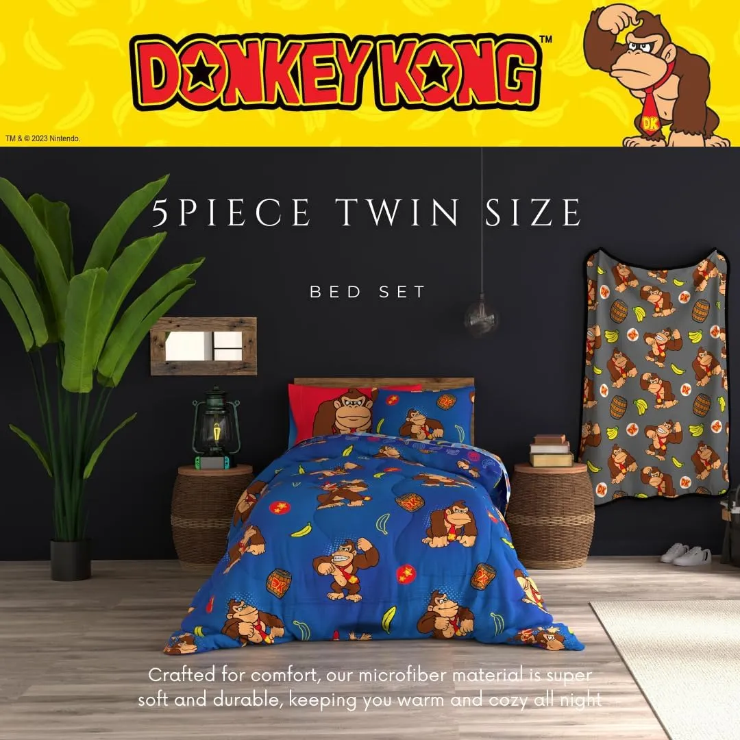 Franco Collectibles Nintendo Donkey Kong Gaming Bedding 5 Piece Super Soft Reversible Comforter and Sheet Set with Sham, Twin, (Officially Licensed Product)