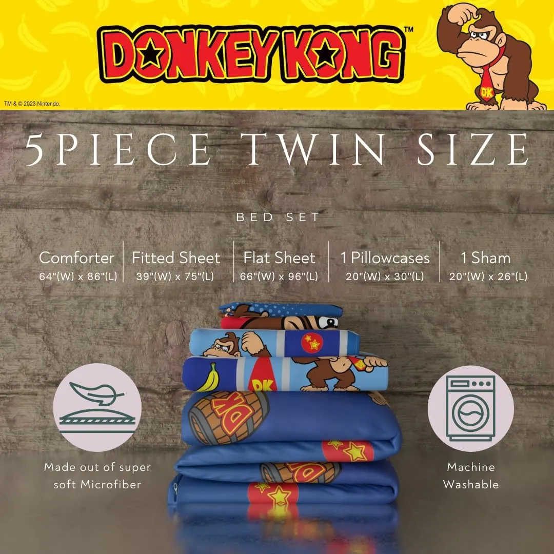 Franco Collectibles Nintendo Donkey Kong Gaming Bedding 5 Piece Super Soft Reversible Comforter and Sheet Set with Sham, Twin, (Officially Licensed Product)