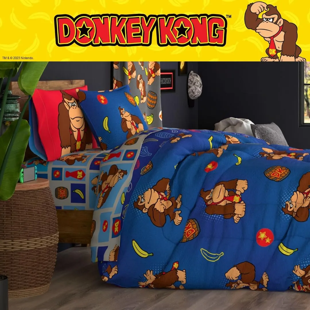 Franco Collectibles Nintendo Donkey Kong Gaming Bedding 5 Piece Super Soft Reversible Comforter and Sheet Set with Sham, Twin, (Officially Licensed Product)