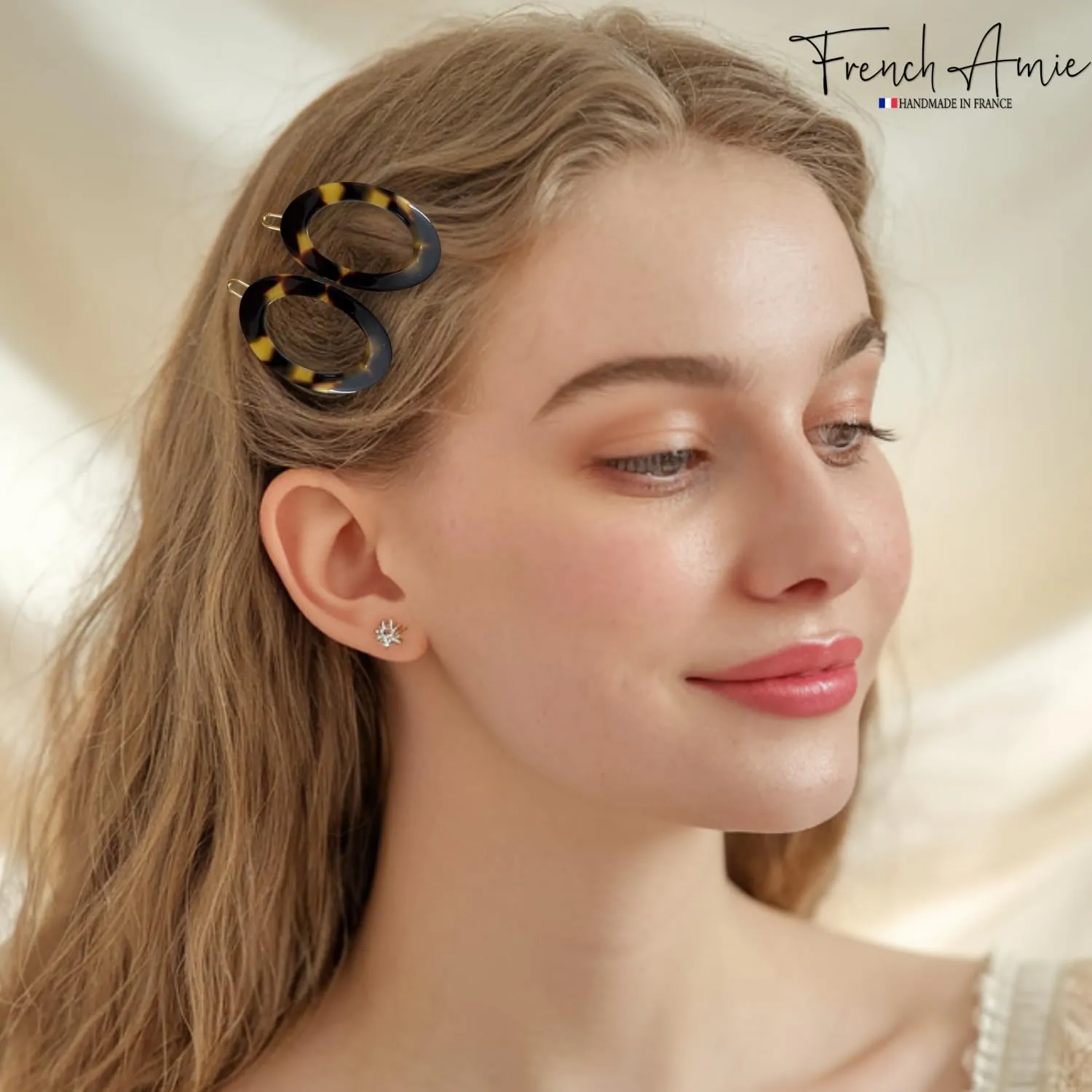 French Amie Oval Hoop Small 1 1/2” Yellow Tokyo Celluloid Handmade Snap Hair Clips for Women Tige Boule Clasp Side Slide-in Barrette Clip Hair Accessories for Girl - 2 Pieces