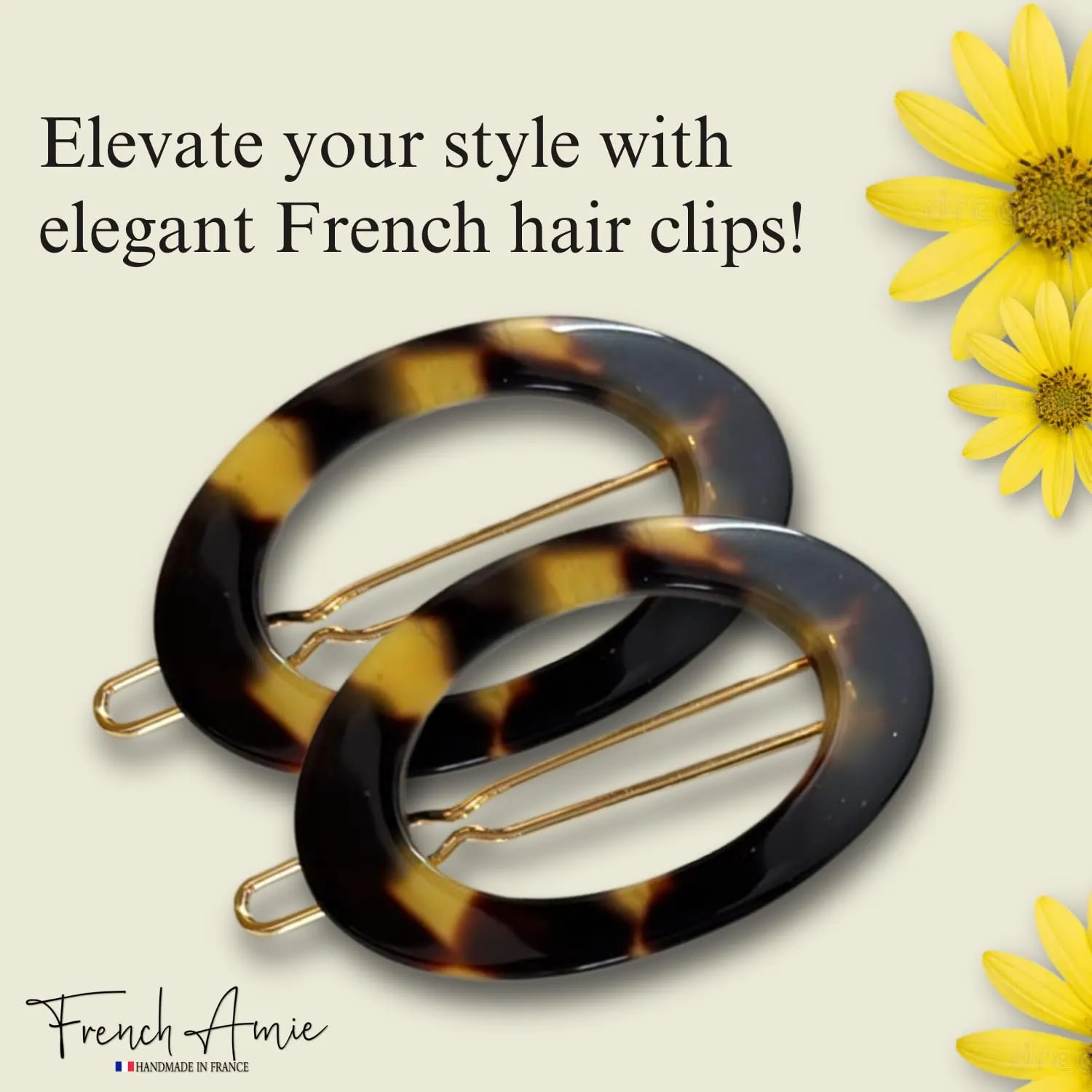 French Amie Oval Hoop Small 1 1/2” Yellow Tokyo Celluloid Handmade Snap Hair Clips for Women Tige Boule Clasp Side Slide-in Barrette Clip Hair Accessories for Girl - 2 Pieces