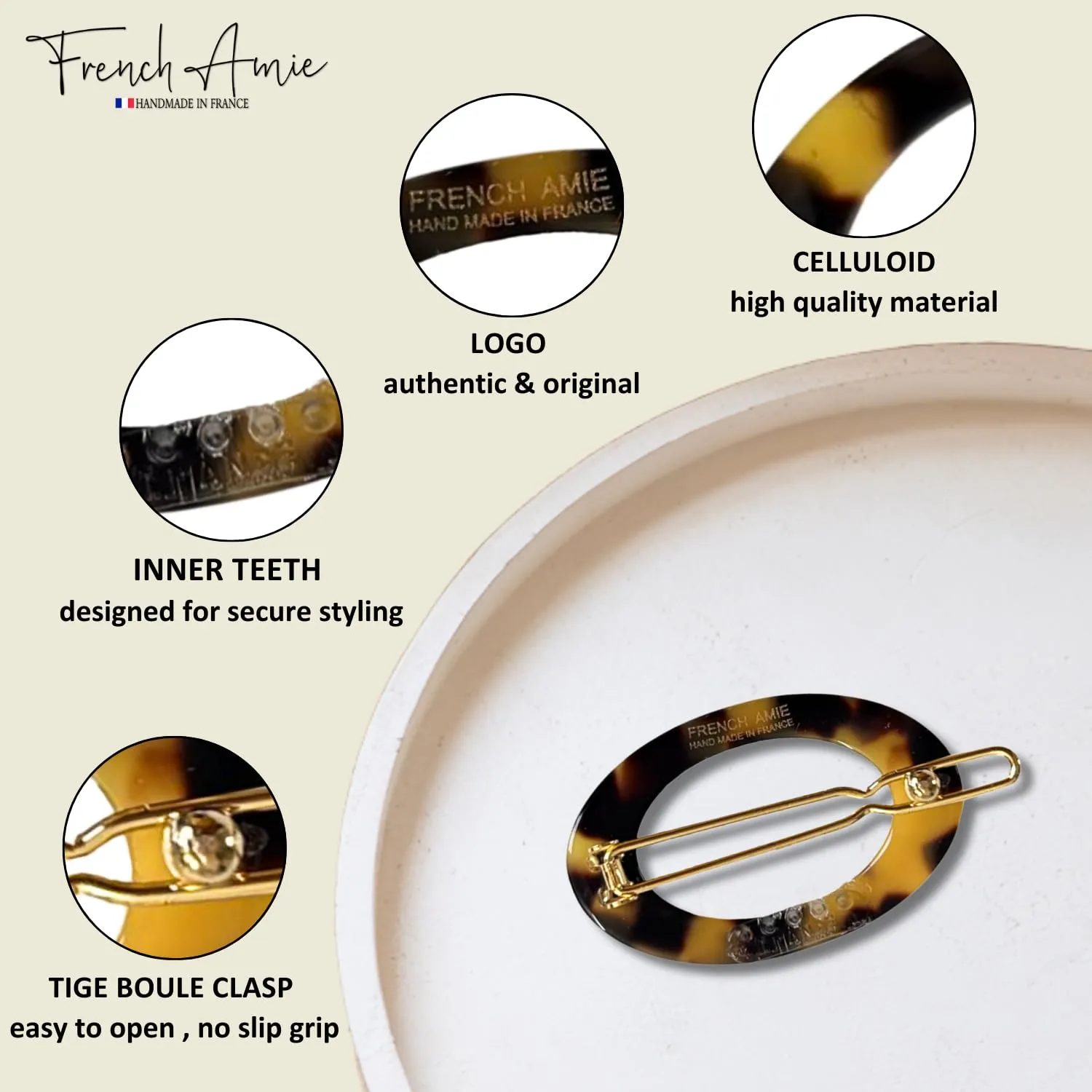 French Amie Oval Hoop Small 1 1/2” Yellow Tokyo Celluloid Handmade Snap Hair Clips for Women Tige Boule Clasp Side Slide-in Barrette Clip Hair Accessories for Girl - 2 Pieces