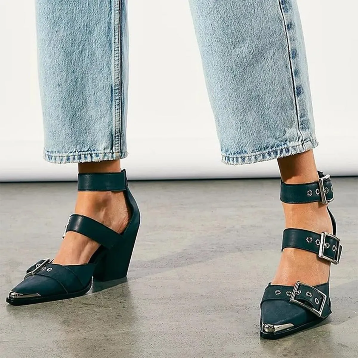FSJ Women Pointed Toe Metal Buckle Hollow Out Leather Strappy Medium Thick Wedge Stacked Heel Sandal Zipper Fashion Pumps Shoes Size 4-16 US