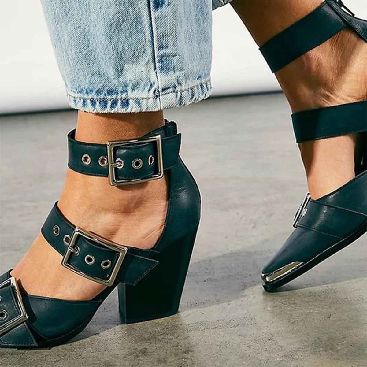 FSJ Women Pointed Toe Metal Buckle Hollow Out Leather Strappy Medium Thick Wedge Stacked Heel Sandal Zipper Fashion Pumps Shoes Size 4-16 US