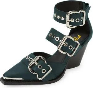 FSJ Women Pointed Toe Metal Buckle Hollow Out Leather Strappy Medium Thick Wedge Stacked Heel Sandal Zipper Fashion Pumps Shoes Size 4-16 US