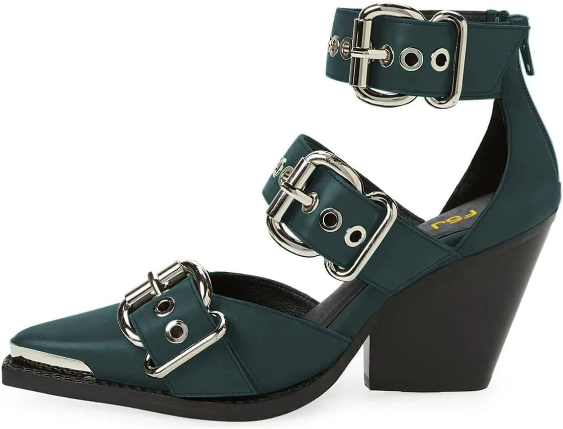 FSJ Women Pointed Toe Metal Buckle Hollow Out Leather Strappy Medium Thick Wedge Stacked Heel Sandal Zipper Fashion Pumps Shoes Size 4-16 US
