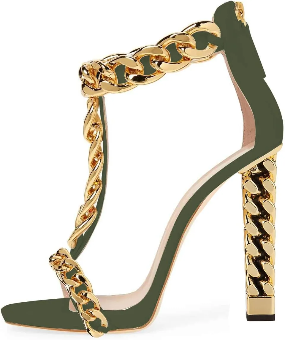 FSJ Women Sexy T-Strap Gold Metal Chain Chunky High Heel Sandal Open Toe Ankle Strap Pump Back Zipper Bridal Wedding Party Shoes Size 4-15 US