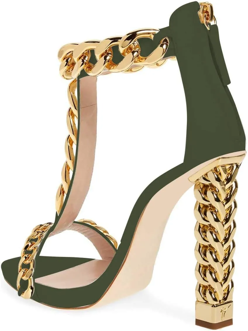 FSJ Women Sexy T-Strap Gold Metal Chain Chunky High Heel Sandal Open Toe Ankle Strap Pump Back Zipper Bridal Wedding Party Shoes Size 4-15 US