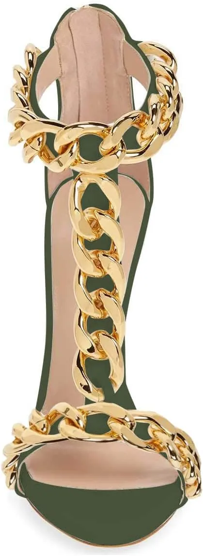 FSJ Women Sexy T-Strap Gold Metal Chain Chunky High Heel Sandal Open Toe Ankle Strap Pump Back Zipper Bridal Wedding Party Shoes Size 4-15 US