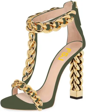 FSJ Women Sexy T-Strap Gold Metal Chain Chunky High Heel Sandal Open Toe Ankle Strap Pump Back Zipper Bridal Wedding Party Shoes Size 4-15 US