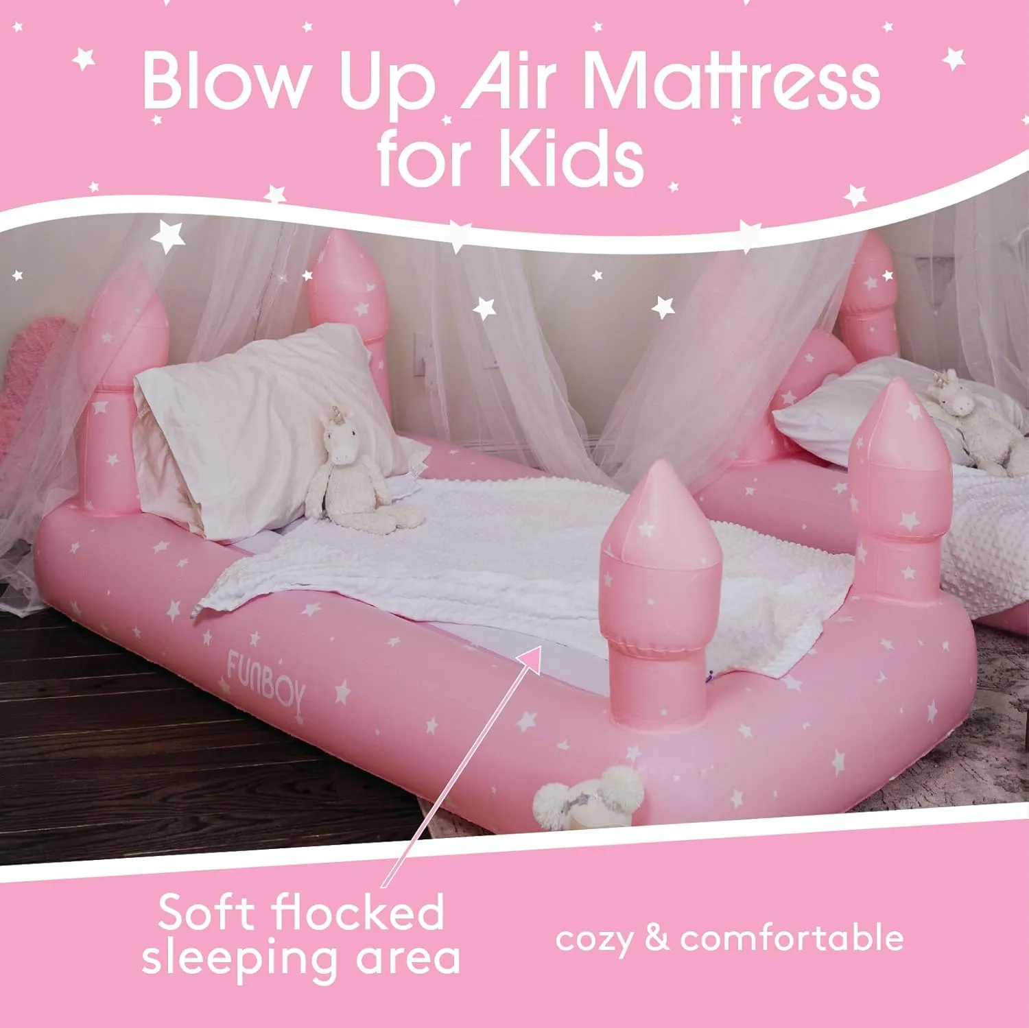 FUNBOY Kids Pink Castle Sleepover Travel Bed & Air Mattress. Perfect for Sleepovers. Includes Carrying Storage Bag, Twin