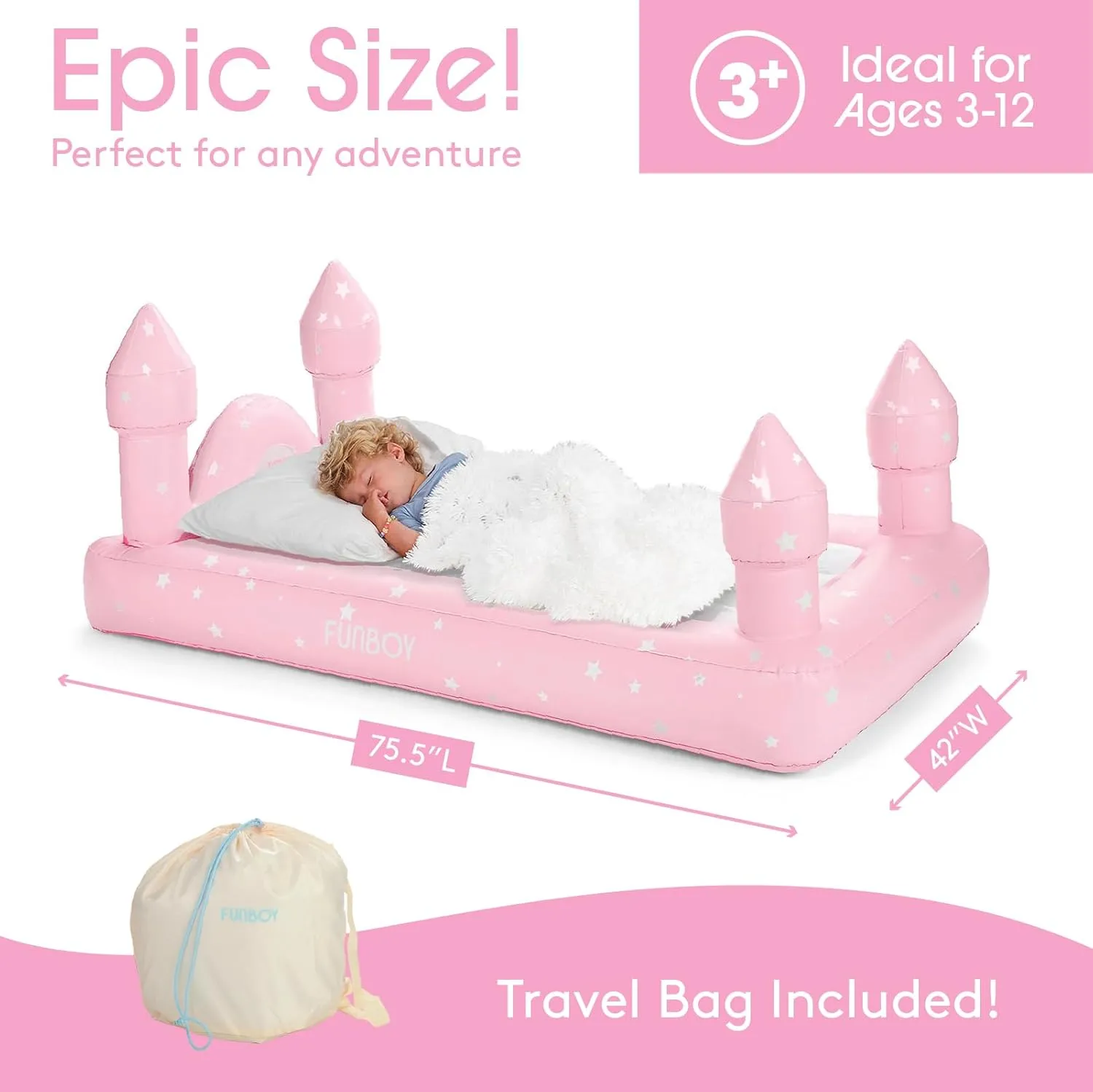 FUNBOY Kids Pink Castle Sleepover Travel Bed & Air Mattress. Perfect for Sleepovers. Includes Carrying Storage Bag, Twin