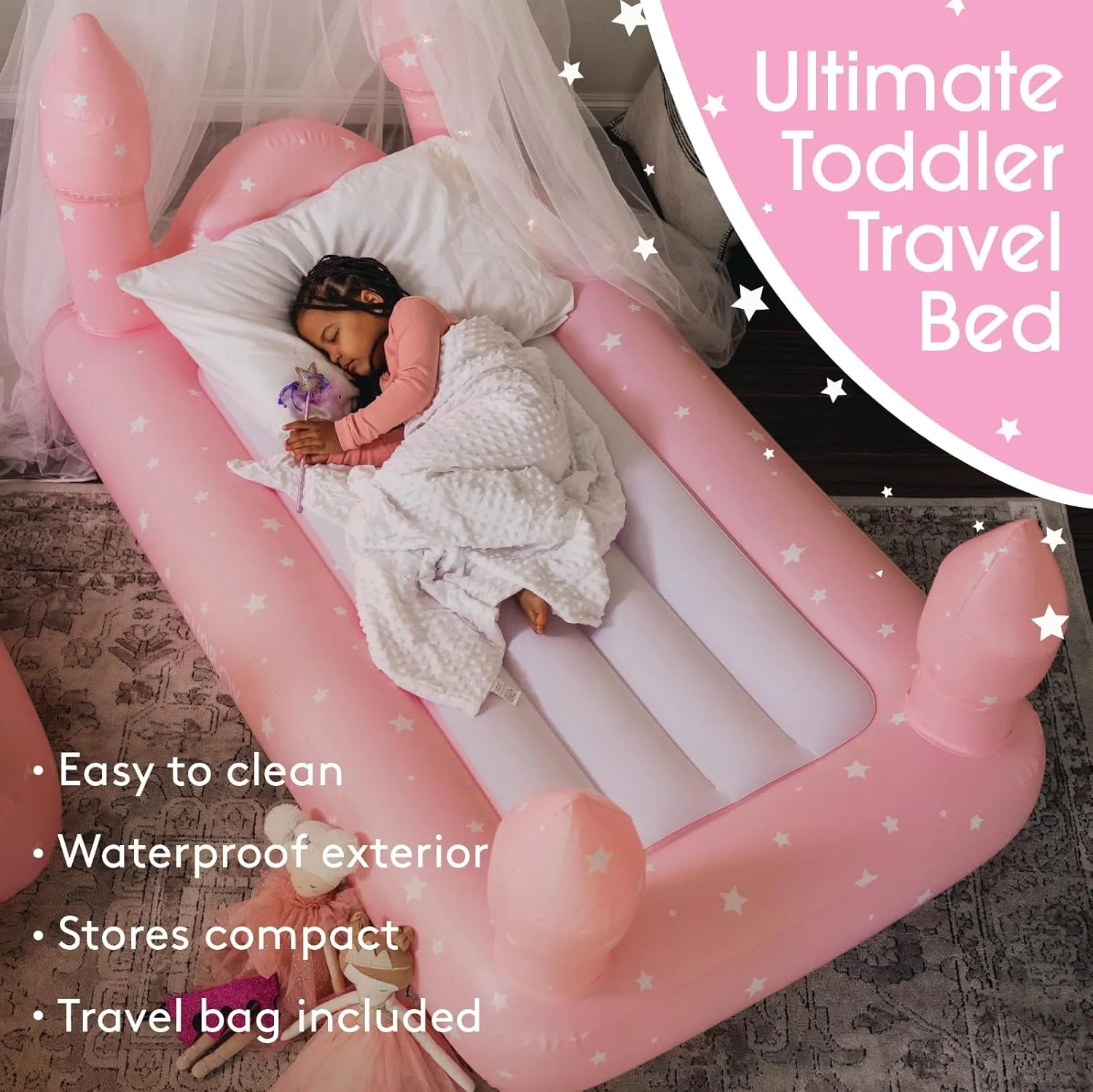 FUNBOY Kids Pink Castle Sleepover Travel Bed & Air Mattress. Perfect for Sleepovers. Includes Carrying Storage Bag, Twin