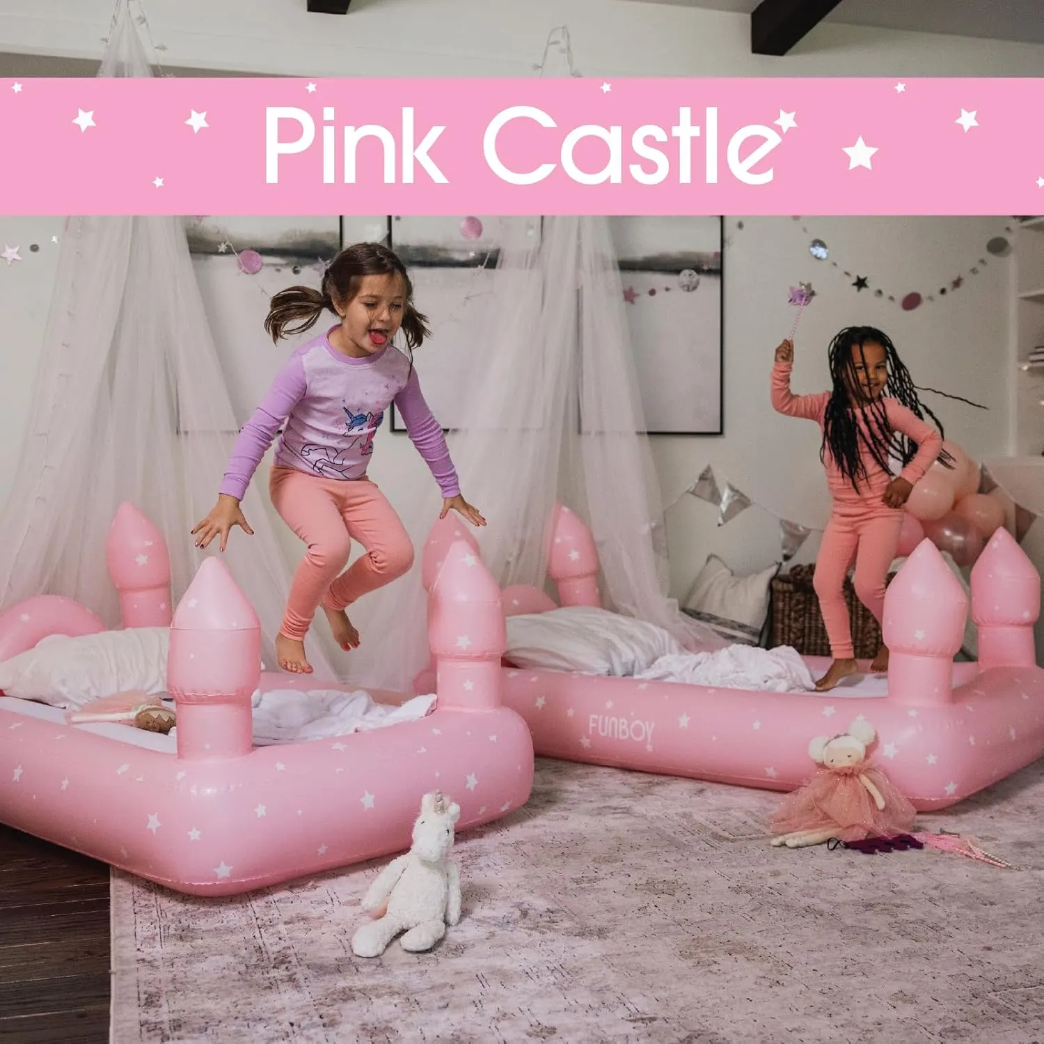 FUNBOY Kids Pink Castle Sleepover Travel Bed & Air Mattress. Perfect for Sleepovers. Includes Carrying Storage Bag, Twin