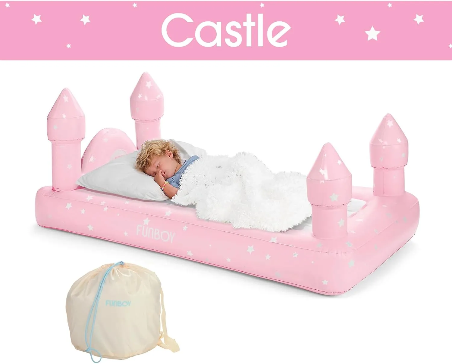 FUNBOY Kids Pink Castle Sleepover Travel Bed & Air Mattress. Perfect for Sleepovers. Includes Carrying Storage Bag, Twin