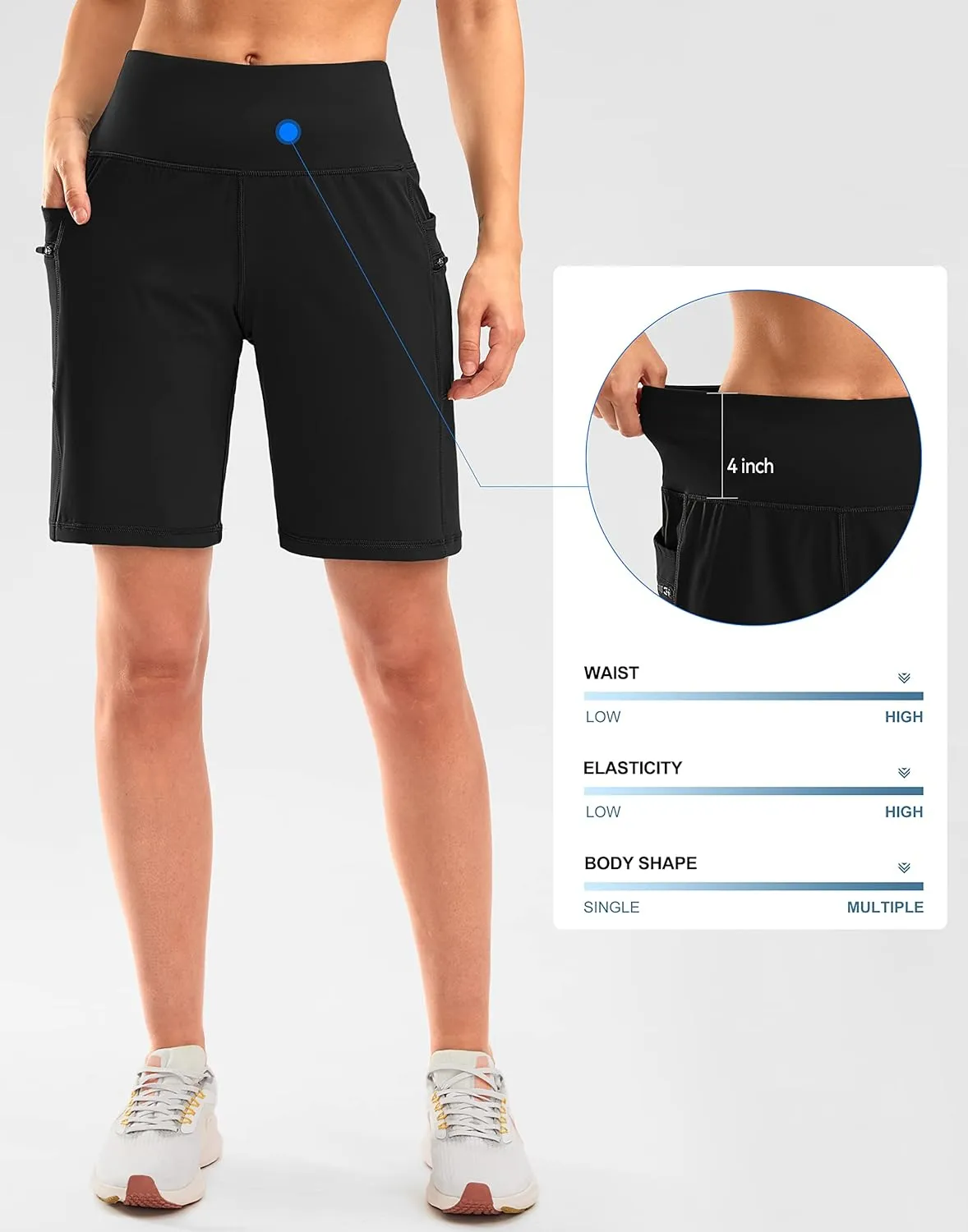 G Gradual Women's High Waisted 9" Bermuda Shorts with Zipper Pockets Athletic Workout Long Shorts for Women Knee Length