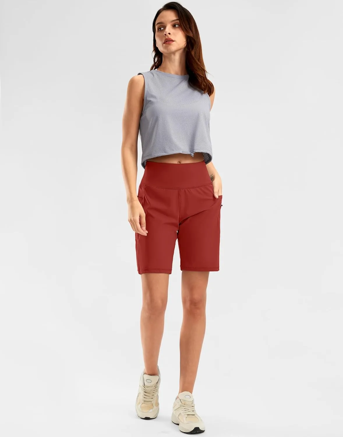 G Gradual Women's High Waisted 9" Bermuda Shorts with Zipper Pockets Athletic Workout Long Shorts for Women Knee Length