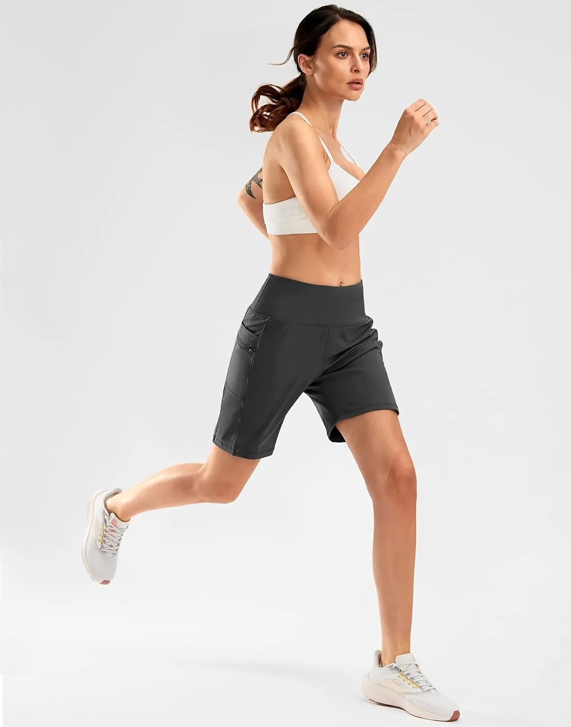 G Gradual Women's High Waisted 9" Bermuda Shorts with Zipper Pockets Athletic Workout Long Shorts for Women Knee Length