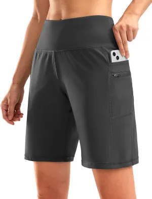 G Gradual Women's High Waisted 9" Bermuda Shorts with Zipper Pockets Athletic Workout Long Shorts for Women Knee Length