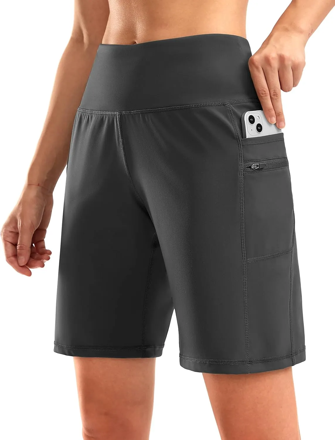 G Gradual Women's High Waisted 9" Bermuda Shorts with Zipper Pockets Athletic Workout Long Shorts for Women Knee Length