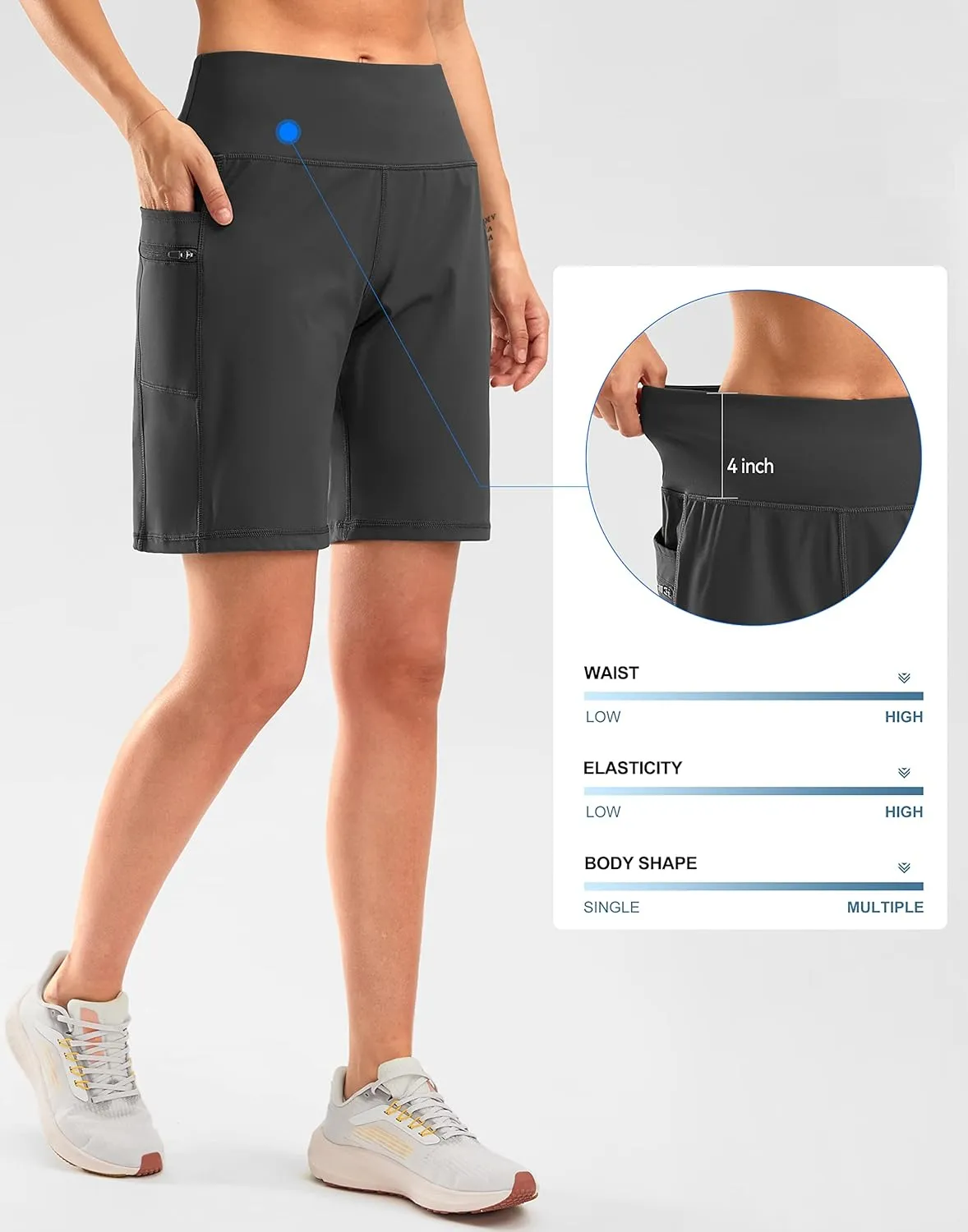 G Gradual Women's High Waisted 9" Bermuda Shorts with Zipper Pockets Athletic Workout Long Shorts for Women Knee Length