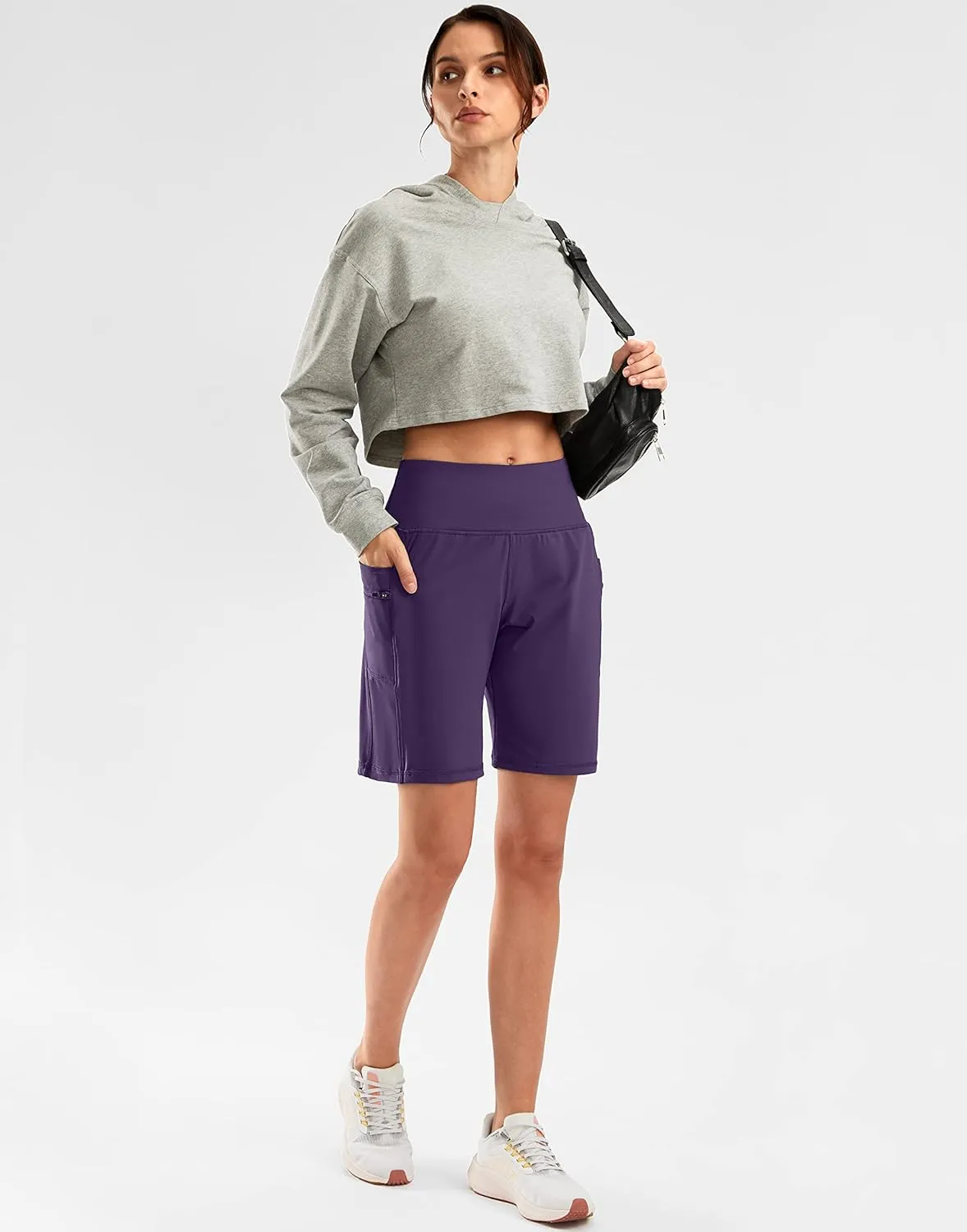 G Gradual Women's High Waisted 9" Bermuda Shorts with Zipper Pockets Athletic Workout Long Shorts for Women Knee Length