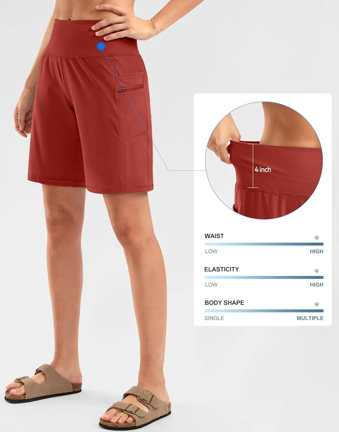 G Gradual Women's High Waisted 9" Bermuda Shorts with Zipper Pockets Athletic Workout Long Shorts for Women Knee Length