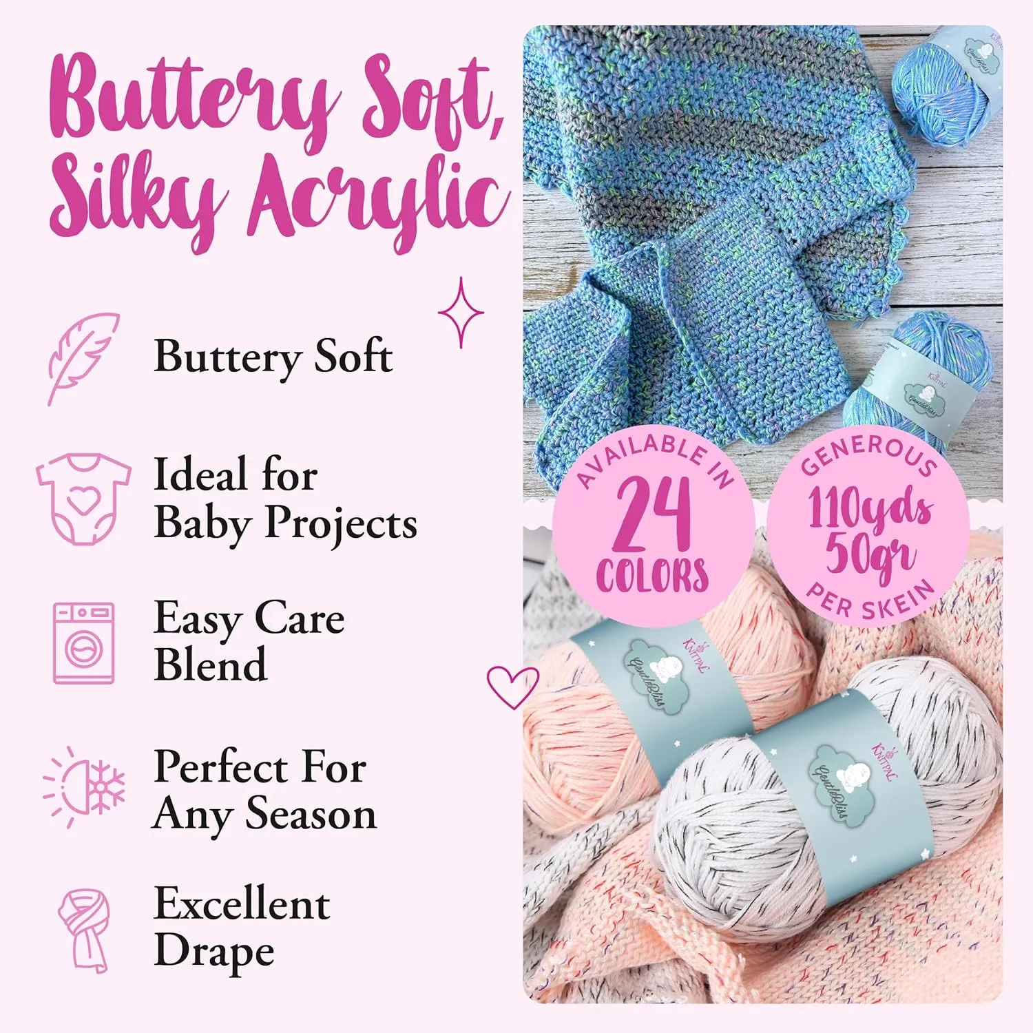 GentleBliss Soft Baby Yarn for Crocheting, 8 Skeins, 880Yds/400G, Free Patterns - Acrylic Baby Blanket Yarn for Knitting - Light Worsted 3 DK Weight - Pink Grapefruit