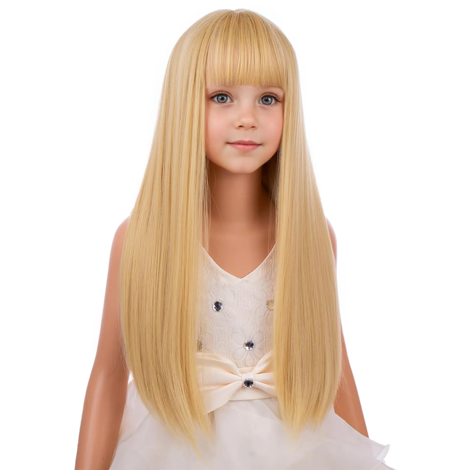 Girls Blonde Wig with Bangs Kids Long Mixed Golden Soft Straight Wigs Child Synthetic Cosplay Party Costume Wigs