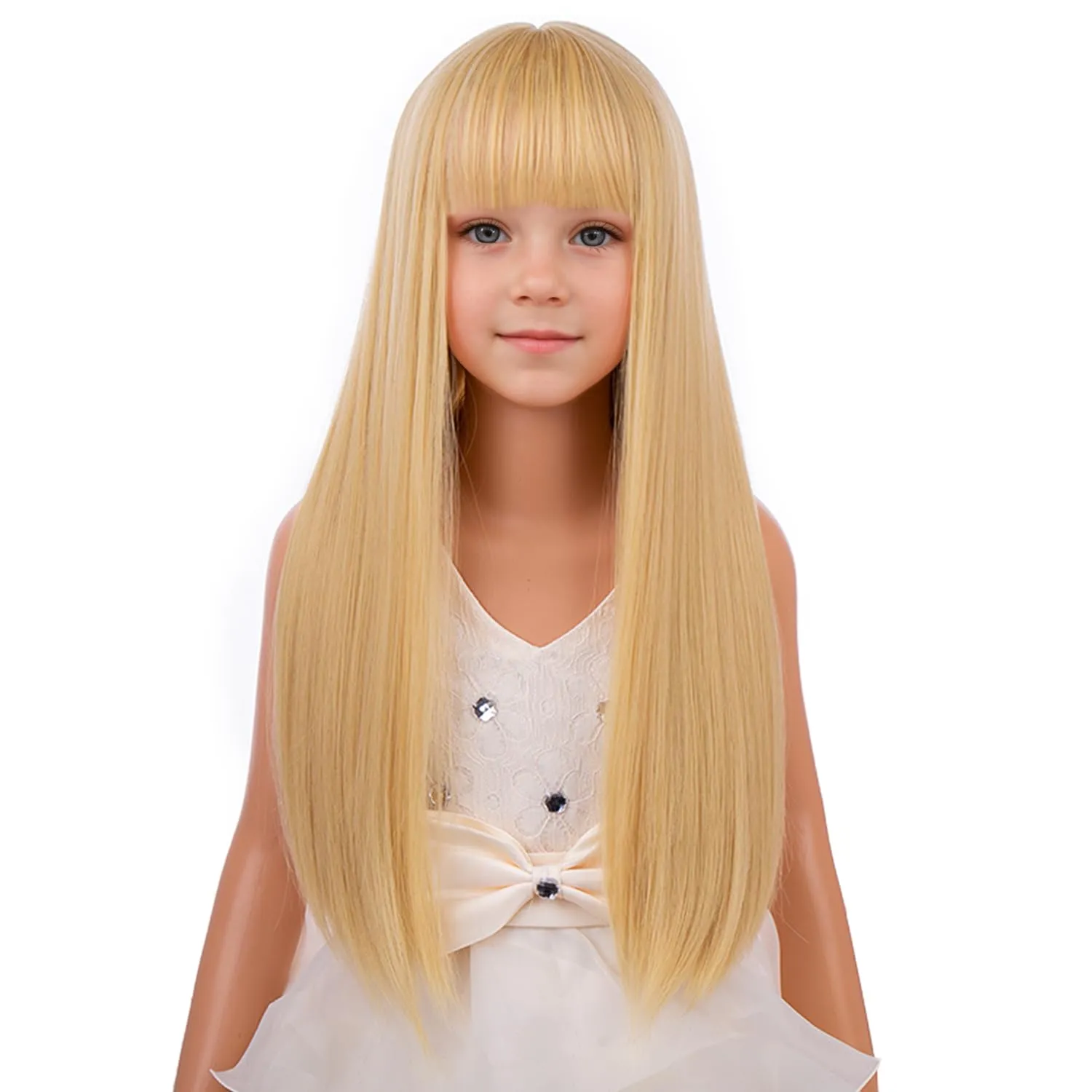 Girls Blonde Wig with Bangs Kids Long Mixed Golden Soft Straight Wigs Child Synthetic Cosplay Party Costume Wigs