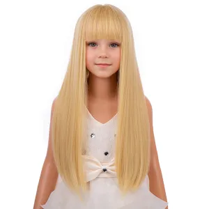 Girls Blonde Wig with Bangs Kids Long Mixed Golden Soft Straight Wigs Child Synthetic Cosplay Party Costume Wigs