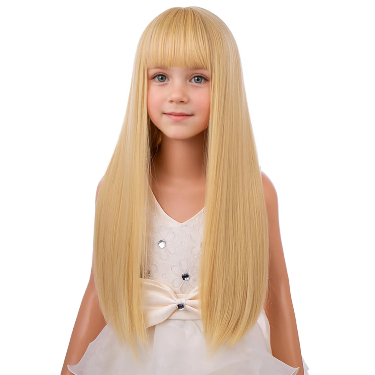 Girls Blonde Wig with Bangs Kids Long Mixed Golden Soft Straight Wigs Child Synthetic Cosplay Party Costume Wigs