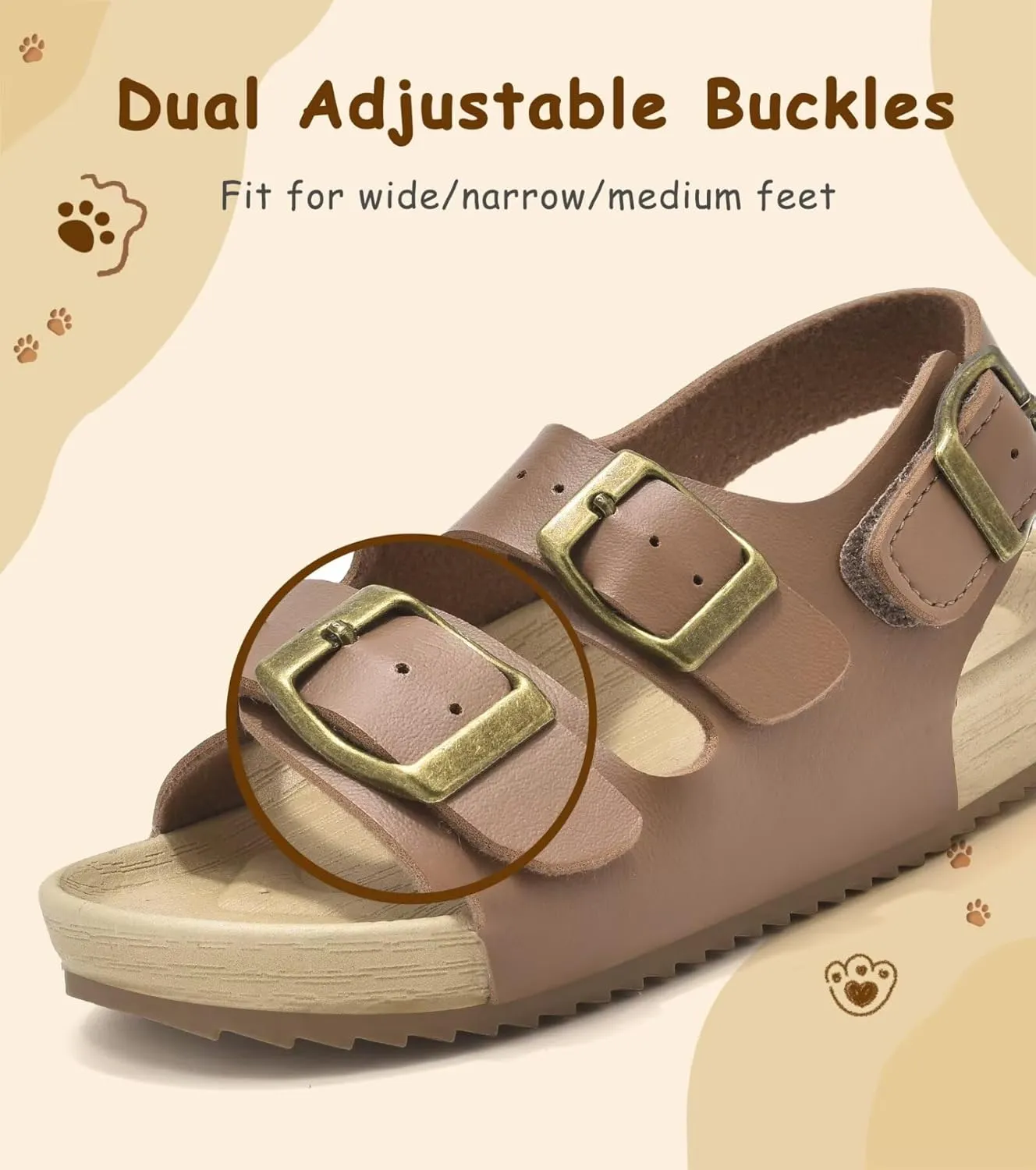 Girls Boys Sandal Adjustable Double Buckle Casual Flat Open Toe Lightweight Summer Shoes Hook Loop Sandal for Toddler Little Big Kid