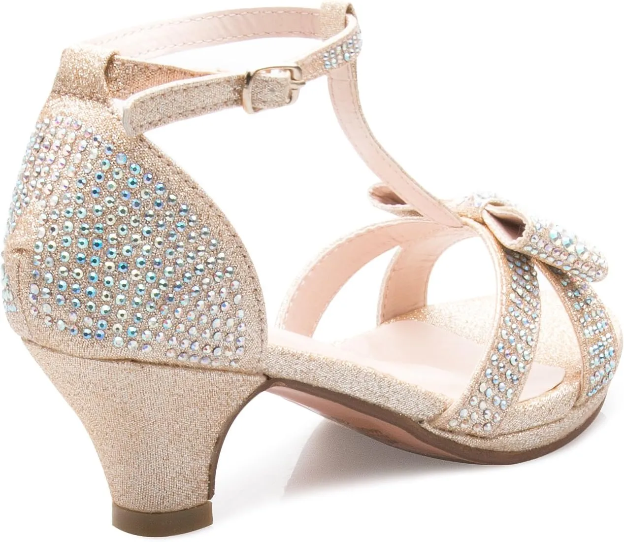 Girl's Glitter Leatherette Open Toe Strappy Ankle T Strap Kitten Heel Sandal (Toddler/Little Girl)