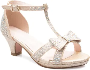 Girl's Glitter Leatherette Open Toe Strappy Ankle T Strap Kitten Heel Sandal (Toddler/Little Girl)