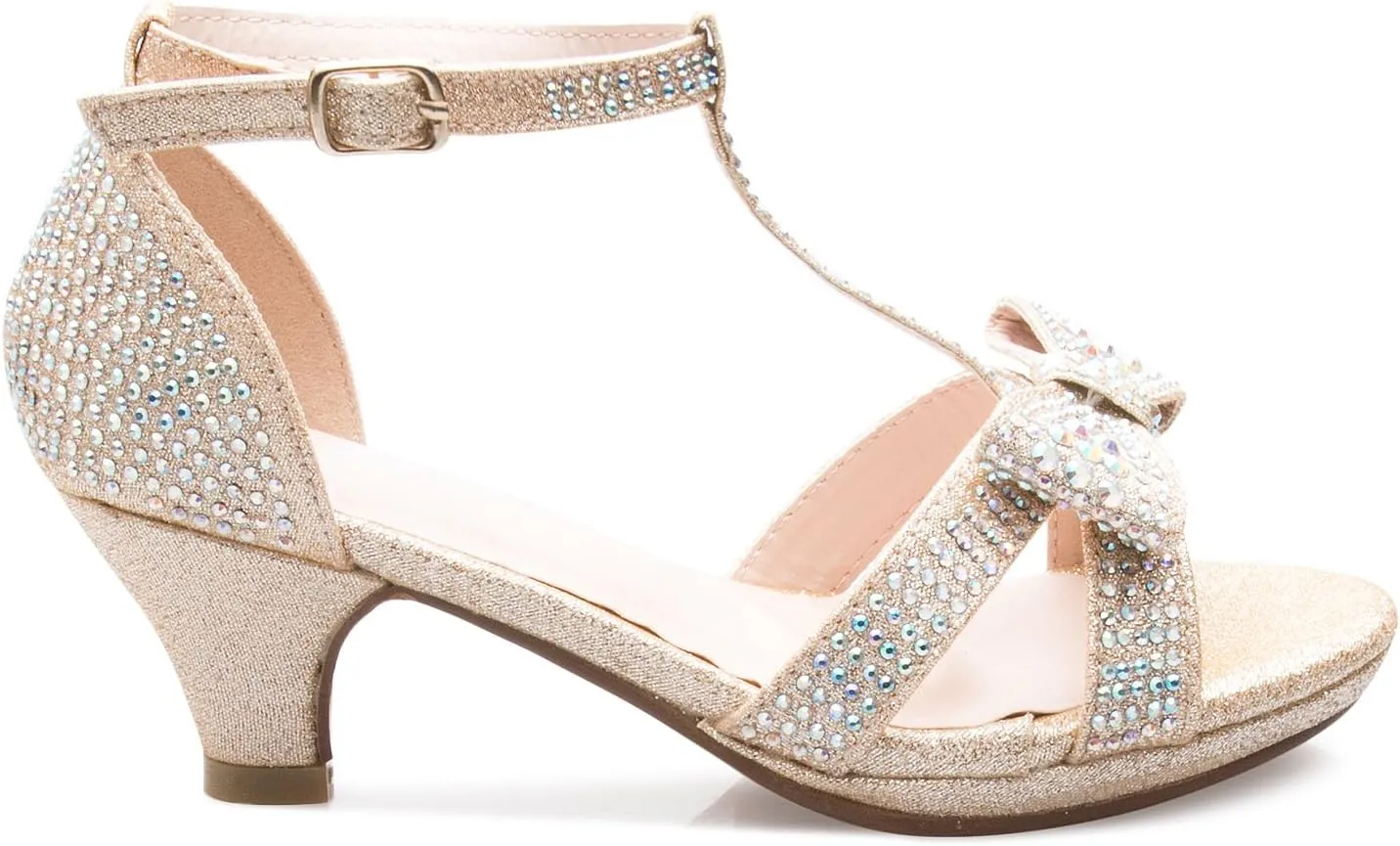 Girl's Glitter Leatherette Open Toe Strappy Ankle T Strap Kitten Heel Sandal (Toddler/Little Girl)
