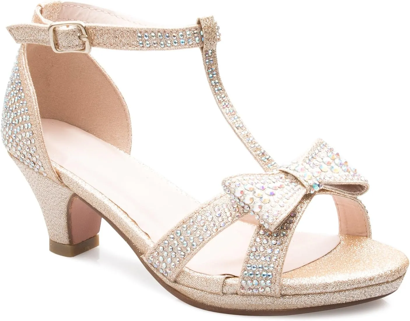 Girl's Glitter Leatherette Open Toe Strappy Ankle T Strap Kitten Heel Sandal (Toddler/Little Girl)