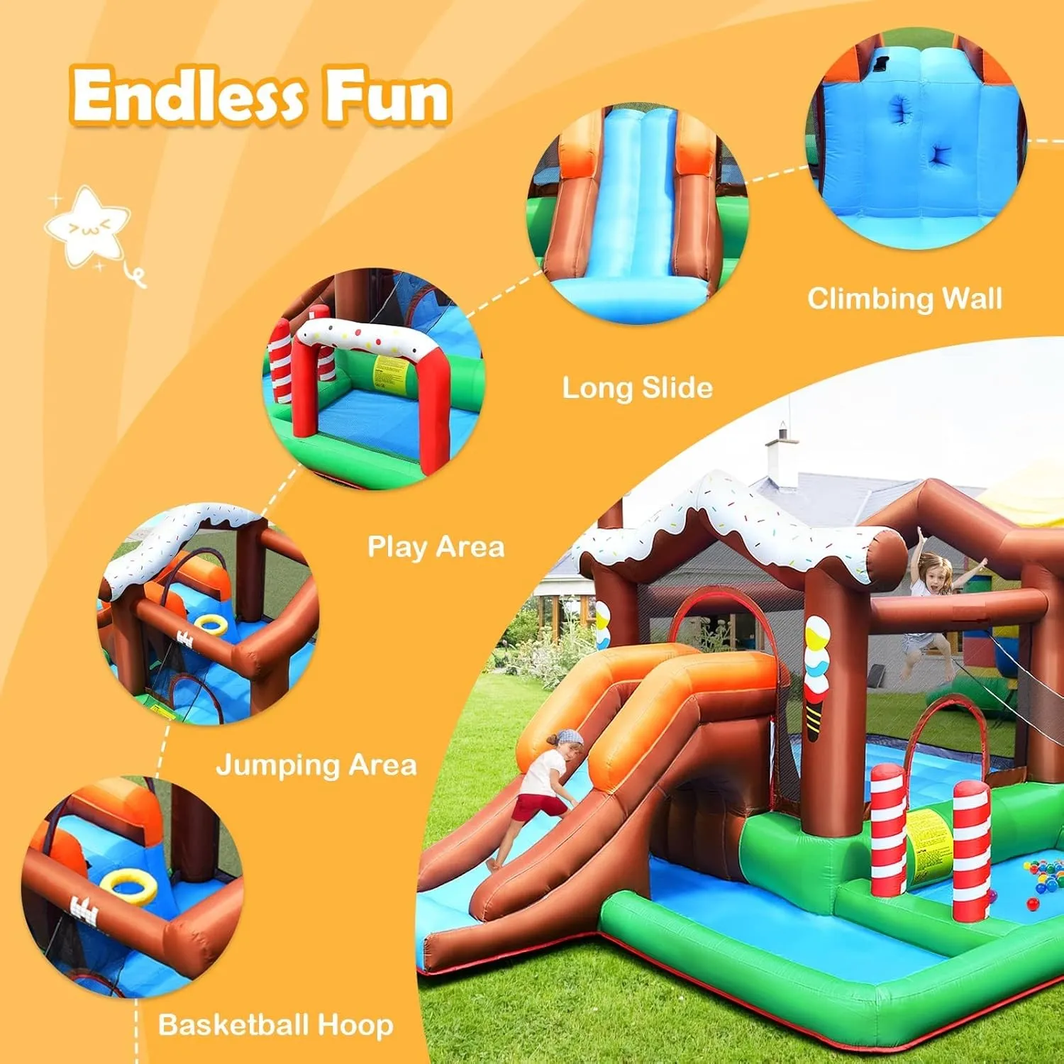 GLACER House Shape Inflatable Kids Bounce Castle, Portable Backyard Water Slide Park, Indoor Outdoor Dry Combo Bouncy House w/Splash Pool & Climbing Wall (with 480W Blower)