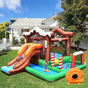 GLACER House Shape Inflatable Kids Bounce Castle, Portable Backyard Water Slide Park, Indoor Outdoor Dry Combo Bouncy House w/Splash Pool & Climbing Wall (with 480W Blower)