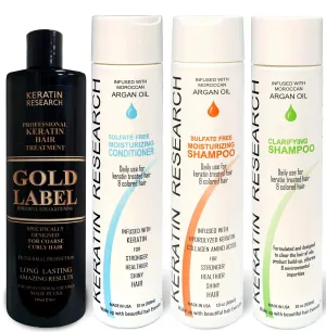 GOLD LABEL Brazilian Keratin Blowout Hair Treatment Super Enhanced Winning Formula for All Hair Types & Colors Incl Blondes, Bleached, Coarse, Curly, Black African, Dominican and Brazilian (LG SET)