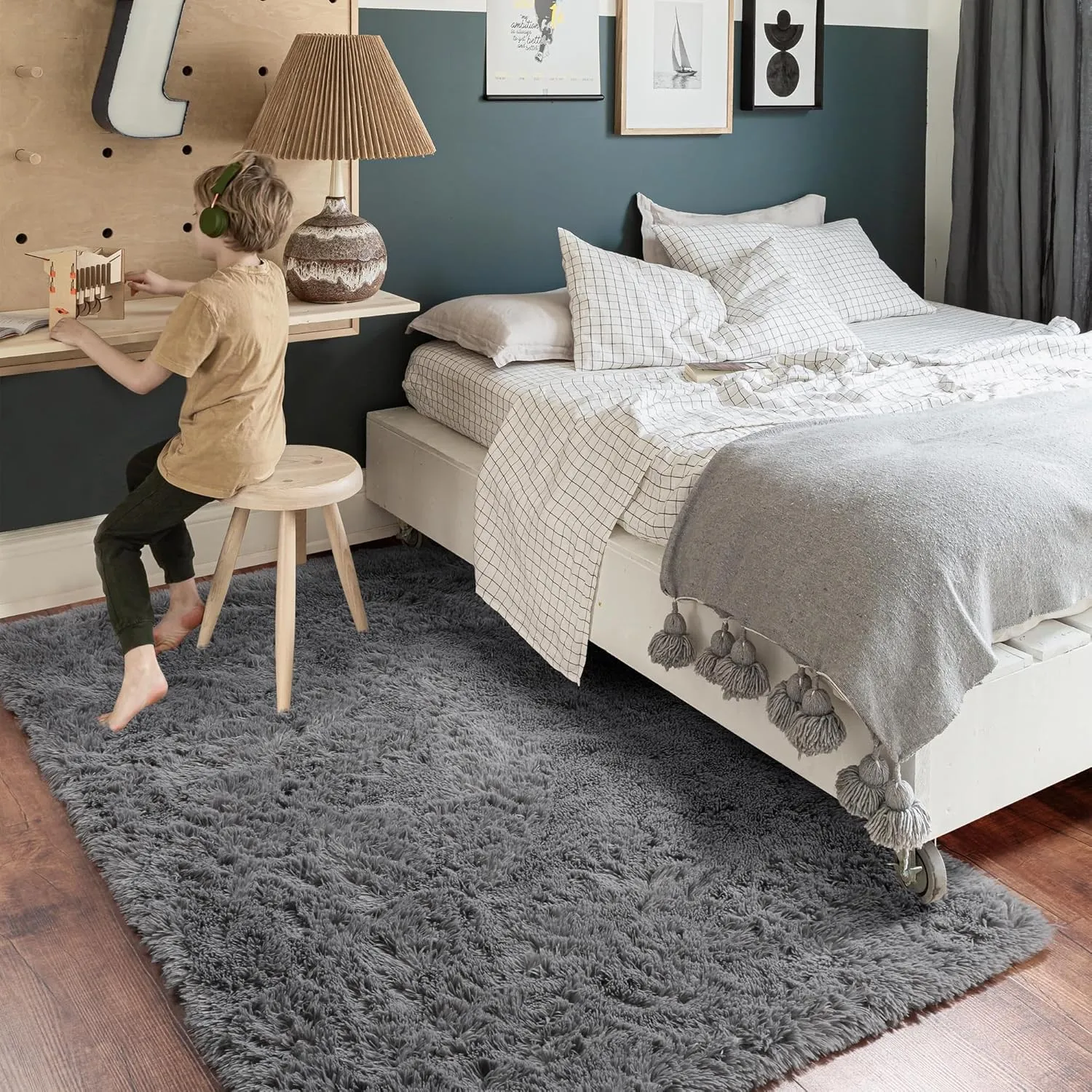 Gray Runner Rugs for Bedroom, 3x5, Fluffy Shag Rugs for Living Room, Furry Bedside Rug for Kids, Teen Boys, Shaggy Throw Rug for Nursery, Fuzzy Plush Grey Carpet, Rectangle, Cute Room Decor for Baby