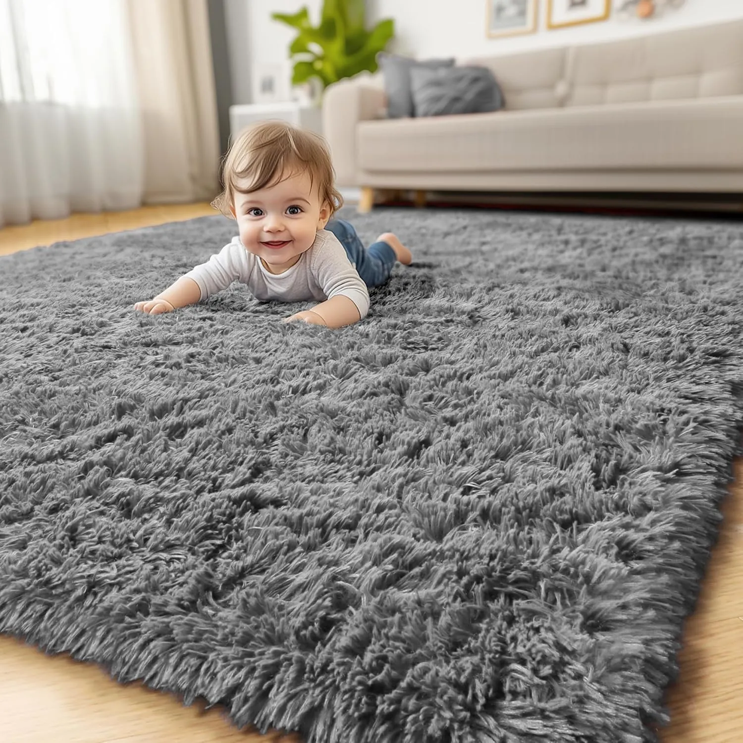 Gray Runner Rugs for Bedroom, 3x5, Fluffy Shag Rugs for Living Room, Furry Bedside Rug for Kids, Teen Boys, Shaggy Throw Rug for Nursery, Fuzzy Plush Grey Carpet, Rectangle, Cute Room Decor for Baby